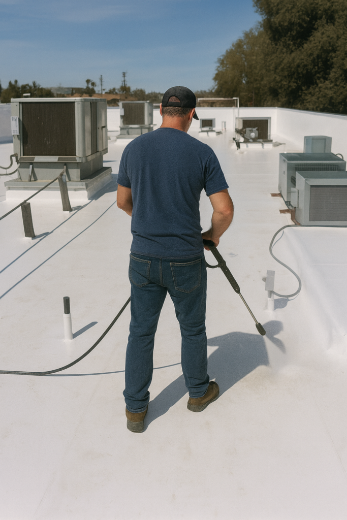 Man pressure washing the roof of a restaurant